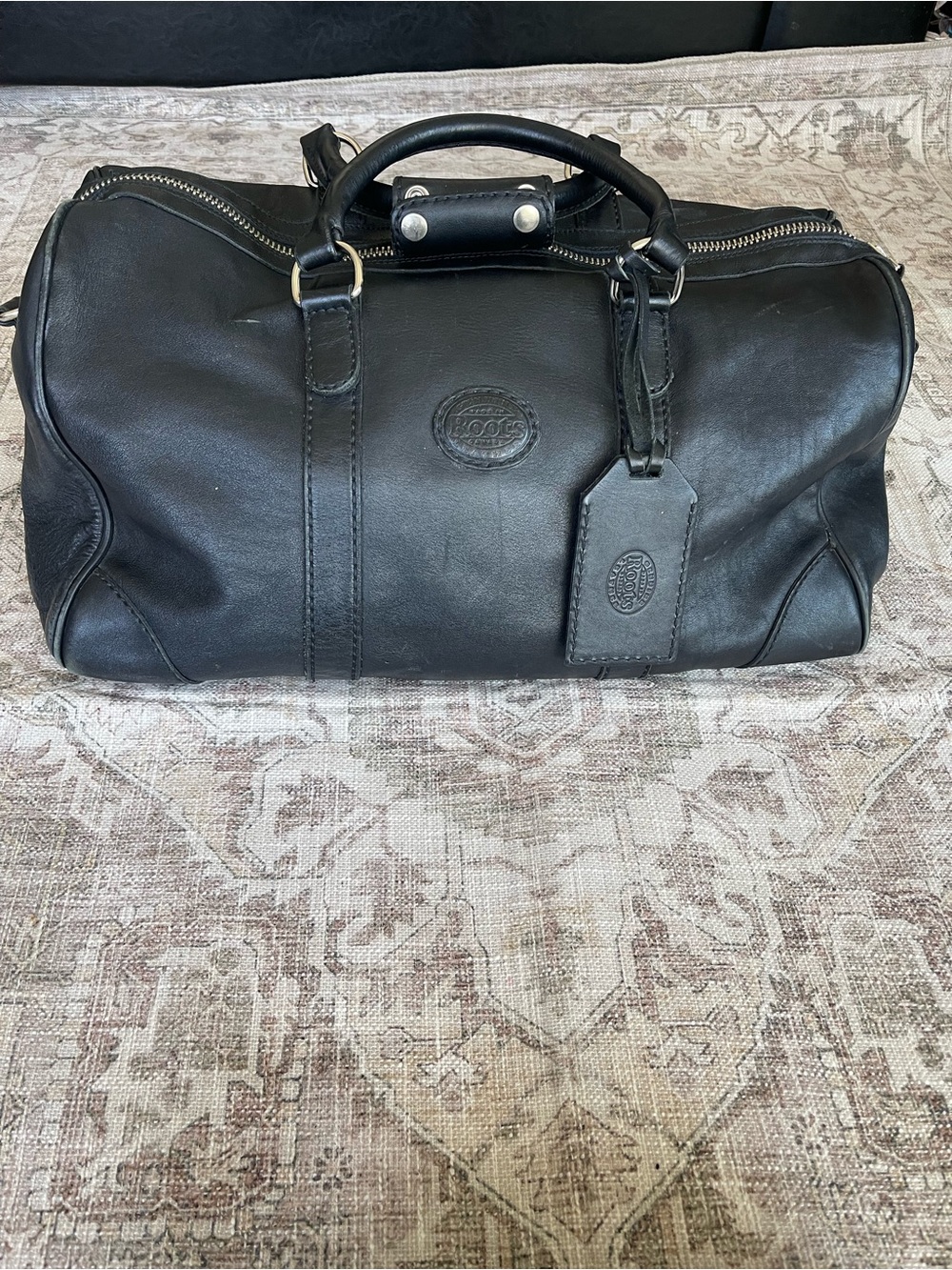 Roots Vintage Black Leather Duffel Weekend Travel Bag Made In Canada